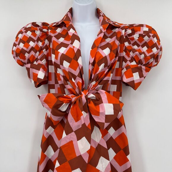 Silvia Tcherassi Roopal Geometric Rouge Puff Sleeve Midi Designer Dress Size S - Picture 2 of 12